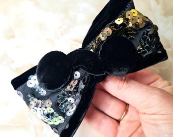 Vintage oversized Alexandre de Paris barrette, new – black velvet and sequins – 13 cm – never worn collector&#39;s item