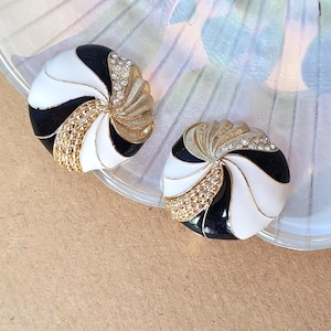 Orena vintage ear clips • Round gold black white rhinestone • 80s bold chic earrings