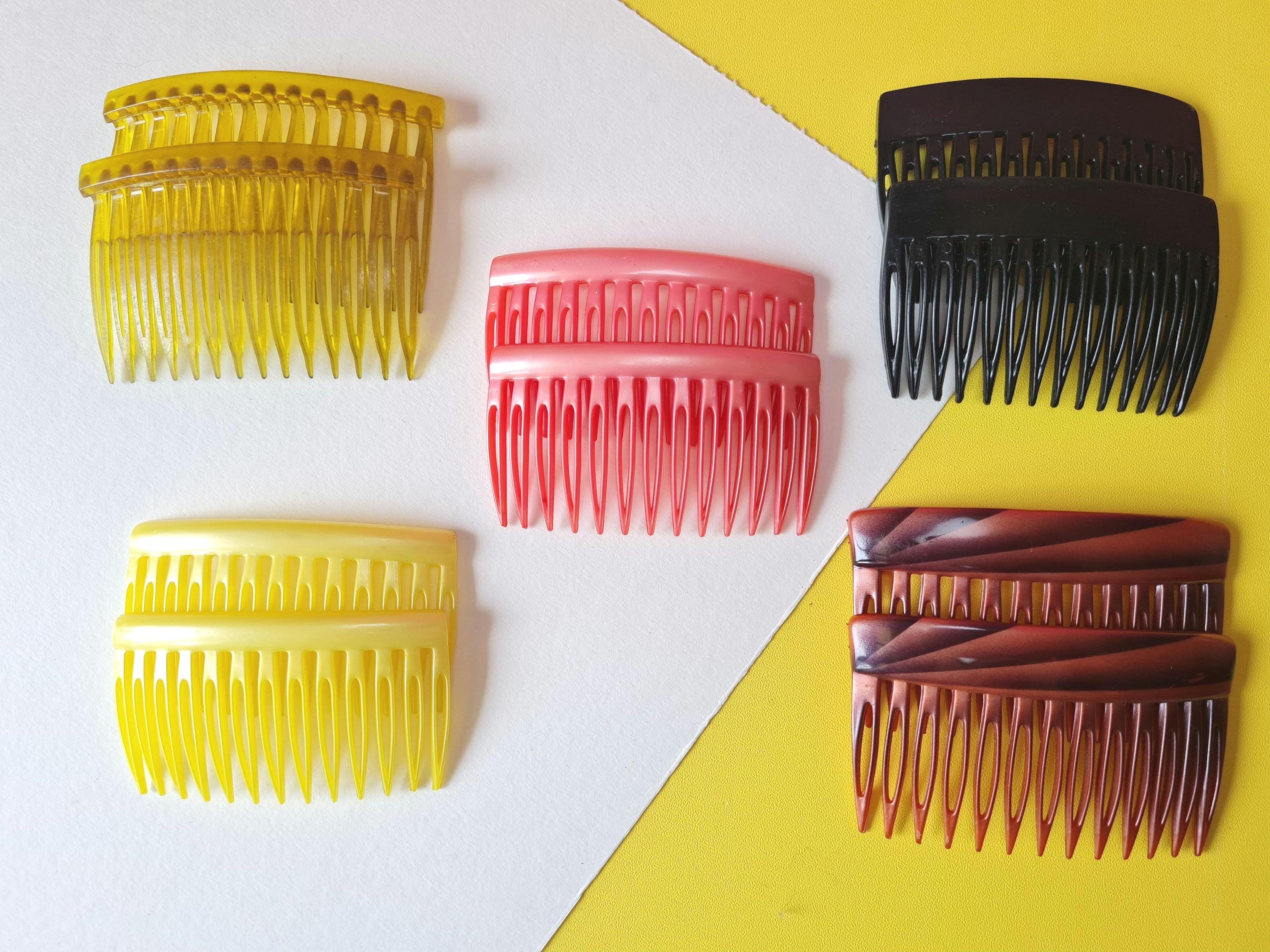 Set of 2 vintage plastic combs - 70s-80s - Retro hair accessory - Made in France. Choice of yellow, pink, black, or brown