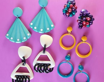Vintage clip-on earrings. PVC dangles. Retro clips, 80s jewelry.