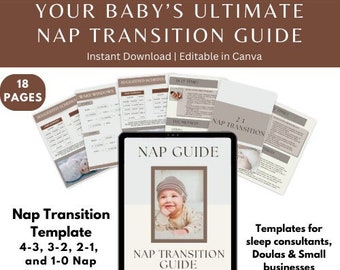 May include: A digital guide for helping babies transition to a new nap schedule. The guide includes 18 pages of information and templates for sleep consultants, doulas, and small businesses. The cover features a baby wearing a brown hat and a light brown background.