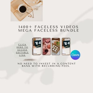 Op de afbeelding: Een digitale marketingadvertentie voor 1400+ gezichtsloze video's. De advertentie toont drie telefoonschermen met verschillende videoclips. De tekst op de advertentie luidt "1400+ gezichtsloze video's Mega gezichtsloze bundel" en "Klik hier om toegang te krijgen tot de bewerkbare link". De advertentie bevat ook het Canva-logo.