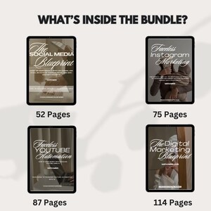 Op de afbeelding: Een collage van vier digitale productcovers, elk met een andere titel en pagina-aantal. De titels zijn "The Social Media Blueprint", "Faceless Instagram Marketing", "Faceless YouTube Automation" en "The Digital Marketing Blueprint".