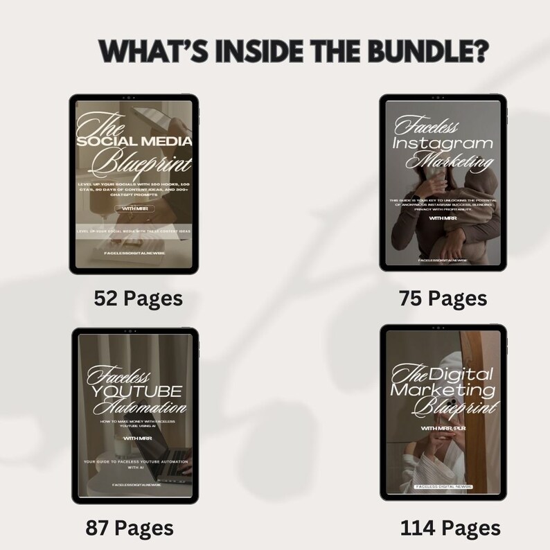 Op de afbeelding: Een collage van vier digitale productcovers, elk met een andere titel en pagina-aantal. De titels zijn "The Social Media Blueprint", "Faceless Instagram Marketing", "Faceless YouTube Automation" en "The Digital Marketing Blueprint".