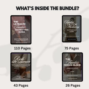 Op de afbeelding: Een digitale marketingbundel met vier gidsen: The Ultimate Faceless Marketing Guide, Faceless TikTok Marketing, Rich Off Content en The Faceless Reels Guide. Elke gids heeft een omslagfoto met een persoon en tekst.