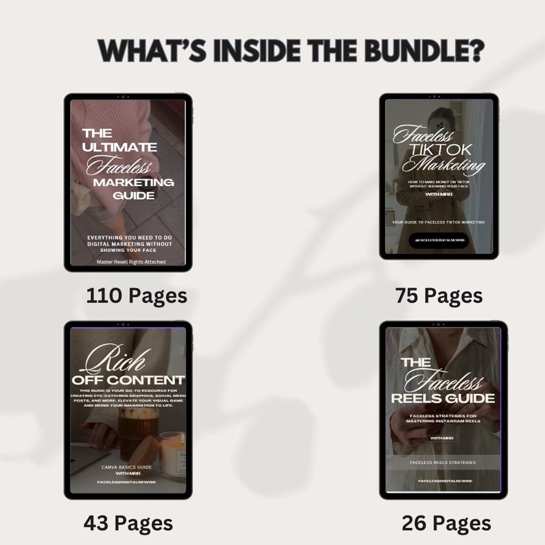 Op de afbeelding: Een digitale marketingbundel met vier gidsen: The Ultimate Faceless Marketing Guide, Faceless TikTok Marketing, Rich Off Content en The Faceless Reels Guide. Elke gids heeft een omslagfoto met een persoon en tekst.