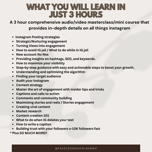 Op de afbeelding: Een witte en zwarte grafiek met de tekst "What You Will Learn in Just 3 Hours" en een lijst met Instagram-marketingtips en -strategie&euml;n. De grafiek bevat de tekst "A 3 hour comprehensive audio/video masterclass/mini course that provides in-depth details on all things instagram" en de tekst "@FacelessDigitalNewbie".