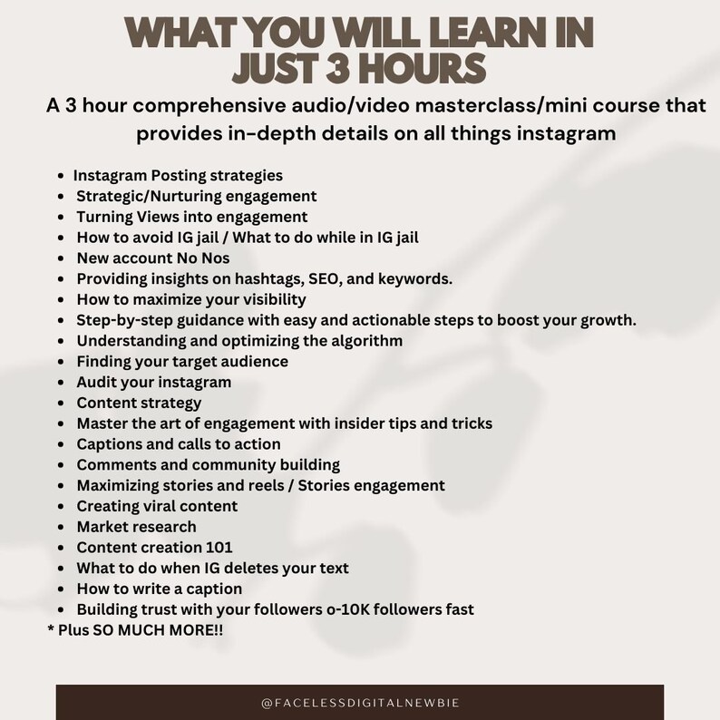 Op de afbeelding: Een witte en zwarte grafiek met de tekst "What You Will Learn in Just 3 Hours" en een lijst met Instagram-marketingtips en -strategie&euml;n. De grafiek bevat de tekst "A 3 hour comprehensive audio/video masterclass/mini course that provides in-depth details on all things instagram" en de tekst "@FacelessDigitalNewbie".