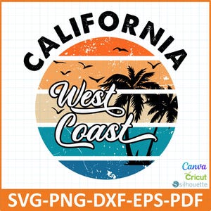 California West Coast SVG PNG Sunset Vintage Beach-afbeelding voor Cricut Silhouette Canva. T-shirtontwerp Zomer Retro Palmboom Clipart reizen