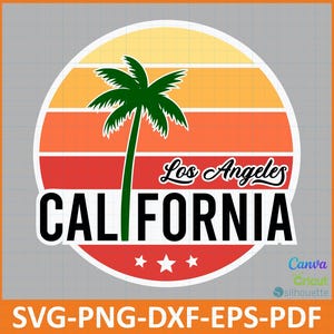California Retro Sunset Design Pack, vintage palmboom Los Angeles thema svg, png, dxf, eps, pdf-bestanden voor Canva, Cricut DIY Projects, Sticker