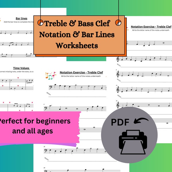 Music Notation Exercises, Beginner Worksheets, Treble Clef worksheets, Bass Clef worksheets, Bar Lines and time values, Lesson material