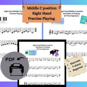 May include: A printable piano sheet music lesson for right hand piano practice. The sheet music features a treble clef, notes, and a sharp sign. The title of the sheet music is "Right Hand Middle C position Get Better at Playing 3/4 Time Signature". The sheet music is labeled "PDF" and has a printer icon.