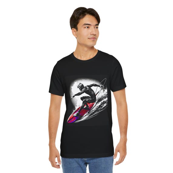 Surfer Silhouette Wave Graphic Tee | Red Surfboard Beach Shirt