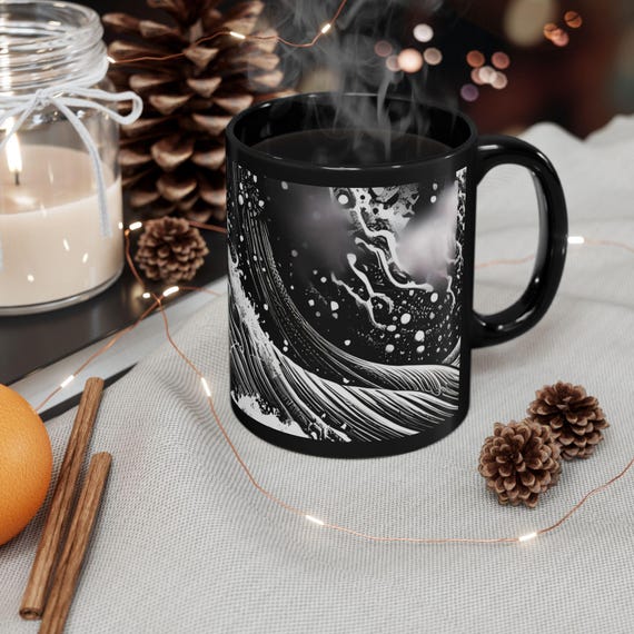 Sun Surf Line Art Mug | Black Ceramic Coffee Cup