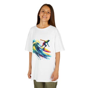 Colorful Surfing Wave Kids Tee | Surfboard Watercolor Print image 1