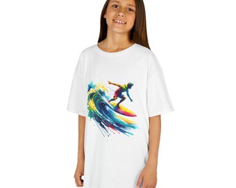 Colorful Surfing Wave Kids Tee | Surfboard Watercolor Print