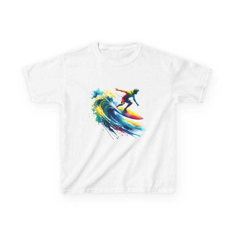 Colorful Surfing Wave Kids Tee | Surfboard Watercolor Print image 2