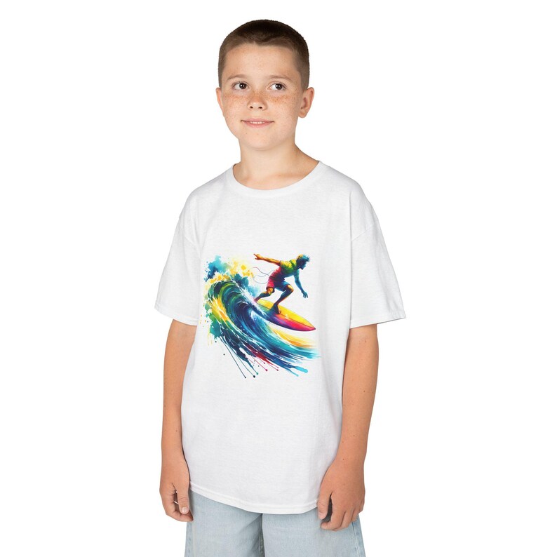 Colorful Surfing Wave Kids Tee | Surfboard Watercolor Print image 3