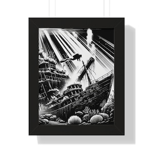 Wreck Diving Vertical Poster in Frame: Explore Underwater Mysteries with Stunning Dive Art