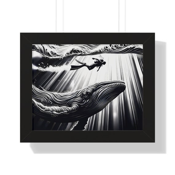 Explore Oceanic Majesty: Poster - Dive with Whales in this Stunning Horizontal Art, Perfect for Tranquil Spaces