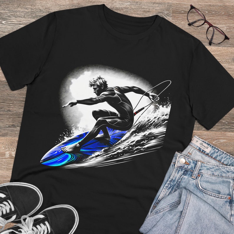 100% Organic Surfing T-shirt - Blue Surfboard image 4