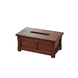 May include: A dark brown wooden tissue box cover with a rectangular opening on the top. The box has a simple, traditional design.