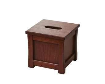 May include: A dark brown wooden tissue box cover with a rectangular opening on the top.