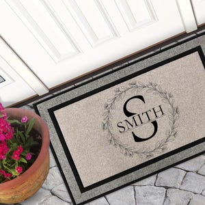 Personalized Family Name Doormat, Floral Wreath Entryway Mat