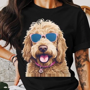 Cartoon Dog with Sunglasses T-Shirt, Trendy Labradoodle Graphic Tee, Unisex Casual Shirt for Dog Lovers, Cute Pet Illustration Top