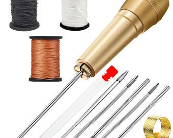 11 Pieces Leather Sewing Kit, DIY Leather Sewing Awl Needle with Copper Handle for Leather Shoes Repairing Tool Black / Brown / White Thread