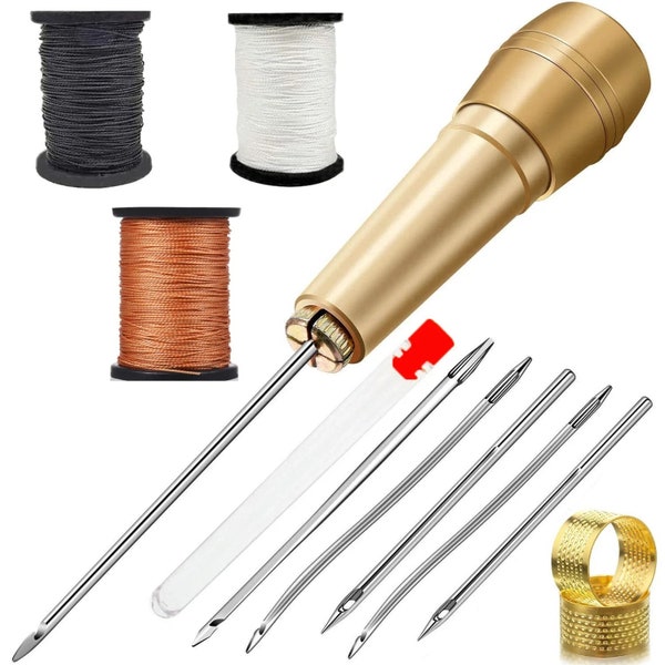 11 Pieces Leather Sewing Kit, DIY Leather Sewing Awl Needle with Copper Handle for Leather Shoes Repairing Tool Black / Brown / White Thread