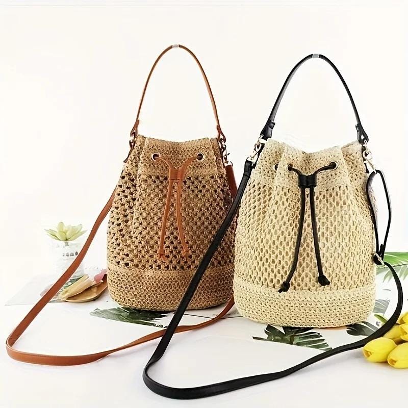 Drawstring Closure Options 3pcs Crochet Bag Making Kits, Leather, Adjustable Shoulder Straps ...