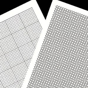 May include: Two white sheets of paper with different patterns. One has a grid of evenly spaced squares, and the other has a pattern of evenly spaced circles. Both patterns are in black ink.