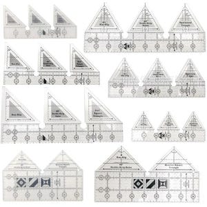May include: Set of 10 clear plastic quilting rulers with various shapes and sizes, including non-slip double strip rulers, 45-degree rulers, and equilateral triangles. The rulers are marked with inches and have a grid pattern.