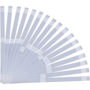 May include: A fan-shaped arrangement of light blue and white adhesive strips. Each strip is rectangular with a white square at one end. The strips are arranged to create a fanned-out pattern against a white background.
