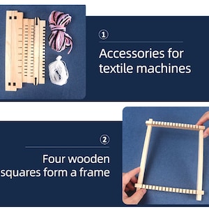May include: A wooden loom kit with accessories for textile machines. The kit includes a wooden frame, yarn, and a shuttle. The frame is made of four wooden squares that form a frame.