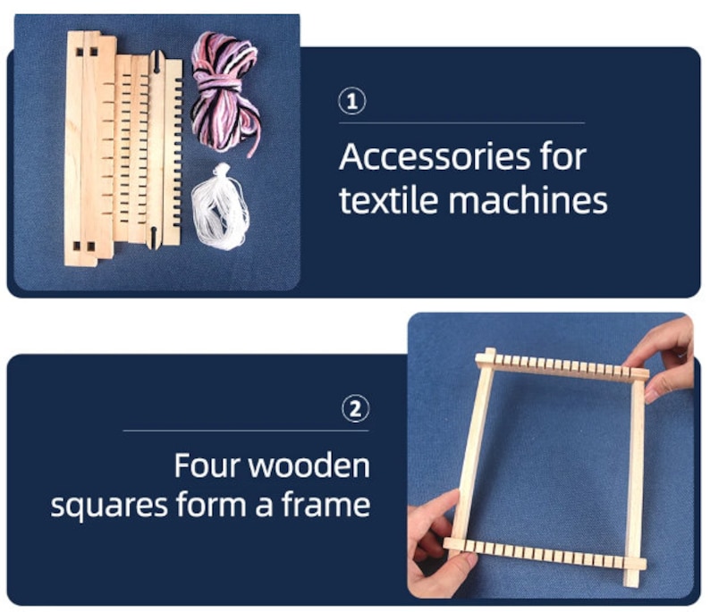 May include: A wooden loom kit with accessories for textile machines. The kit includes a wooden frame, yarn, and a shuttle. The frame is made of four wooden squares that form a frame.