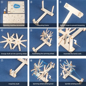 May include: Nine steps showing how to assemble a wooden spinning wheel toy. The steps include assembling the frame, adding the spinning wheel, and attaching the hand crank. The final step shows the finished spinning wheel with blue string.