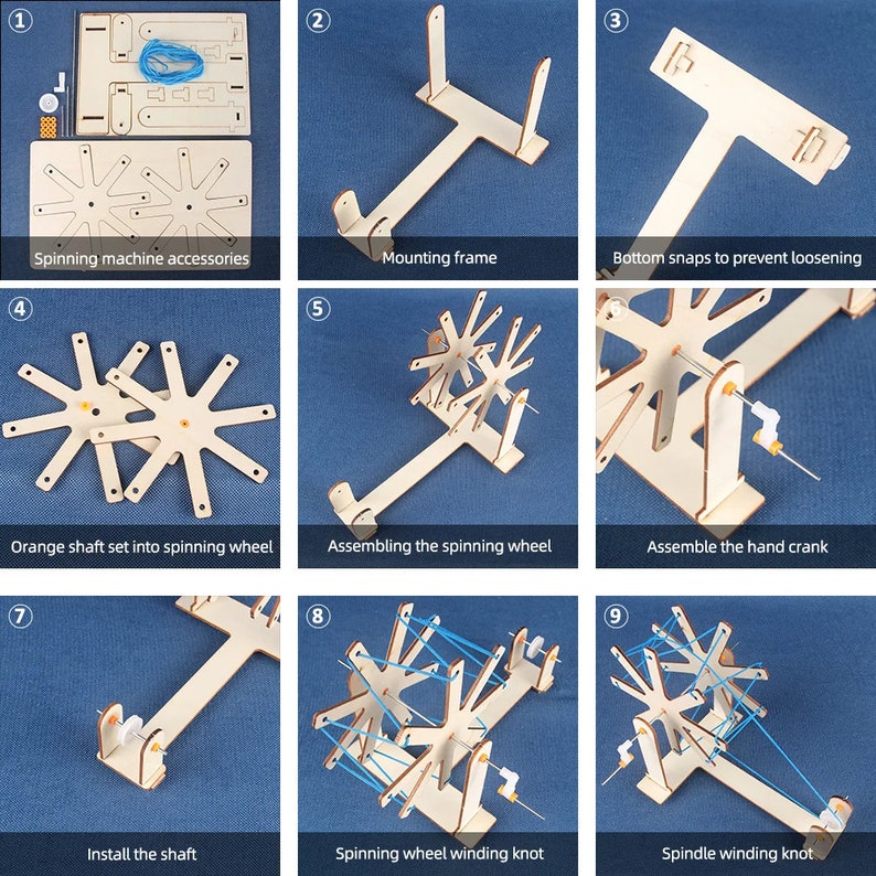 May include: Nine steps showing how to assemble a wooden spinning wheel toy. The steps include assembling the frame, adding the spinning wheel, and attaching the hand crank. The final step shows the finished spinning wheel with blue string.