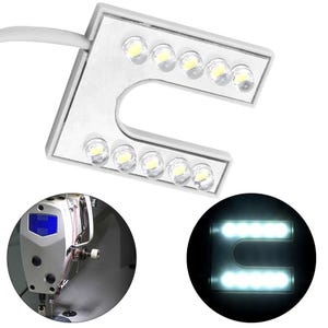 May include: A white, U-shaped LED sewing machine light with ten bright white LED bulbs. The light is designed to illuminate the sewing area. The image also shows a sewing machine and a lit version of the light.