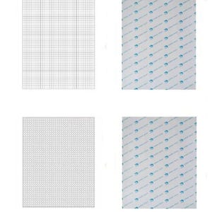 Op de afbeelding: Twee sets afbeeldingen die een rasterpatroon en een patroon van kleine blauwe pijlen op een witte achtergrond tonen. Het rasterpatroon is in zwart en wit. Het pijlpatroon is in blauw en wit.