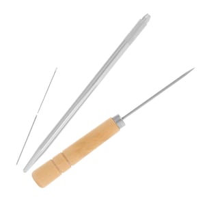 May include: A metal awl with a light-colored wooden handle, a long metal tool with a textured grip, and a thin, straight metal needle. The wooden handle is cylindrical with three horizontal grooves near the base and a metal ferrule at the top.