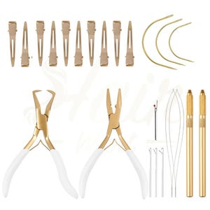 May include: A collection of hair extension tools and accessories, including gold-toned metal clips, pliers with white handles, curved needles, and micro-bead tools. The tools are arranged on a white background.