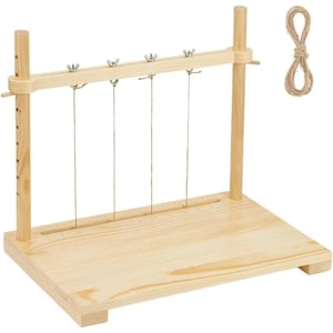 May include: A wooden foam cutter with adjustable wires and wing nuts. The base is rectangular, and the upright supports are cylindrical. A length of twine is looped on the side. The wood is a light, natural color.