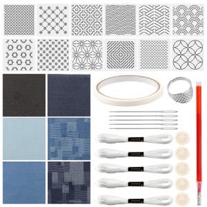 May include: A craft kit featuring various embroidery patterns, fabric swatches, and sewing supplies. Includes an embroidery hoop, needles, white thread, thimble, and a red marking pen. The patterns are black and white geometric designs.