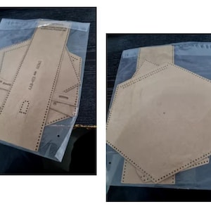 May include: Two sets of leather craft patterns for making a wallet and a hexagonal pouch. The patterns are on brown paper and are packaged in clear plastic bags.