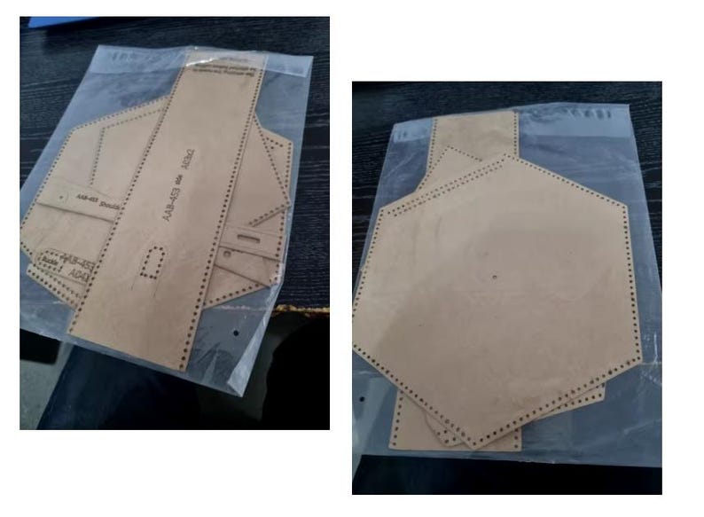 May include: Two sets of leather craft patterns for making a wallet and a hexagonal pouch. The patterns are on brown paper and are packaged in clear plastic bags.