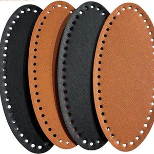 Parte inferior de bolso tejida, base ovalada de cuero sintético, marrón/negro, con agujeros, accesorios de crochet para hacer bolsos, placa de base ovalada.