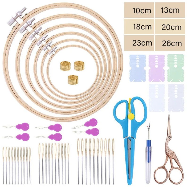 Set di cerchi per punto croce in bambù, set di telai per ricamo, accessori per strumenti da cucito con forbici da cucito, aghi per cucire, cerchio per ricamo immagine 10