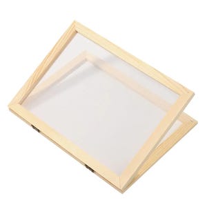 May include: Two wooden frames with a clear mesh screen. The frames are made of light-colored wood and are rectangular. One frame is slightly open, revealing the mesh screen. The frames are likely used for crafts or artwork.